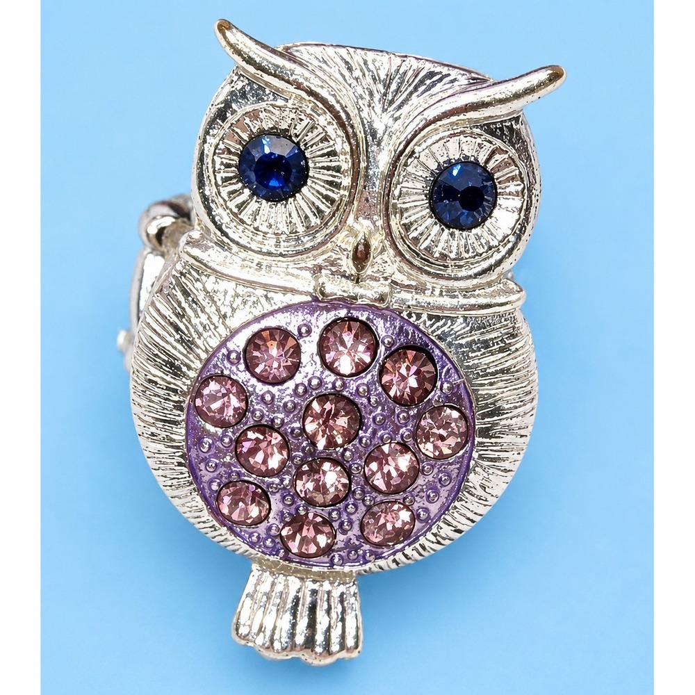 Unbranded Owl Ring On Stretch Band Silver Tone Orange And Blue Stones 7-11 -483